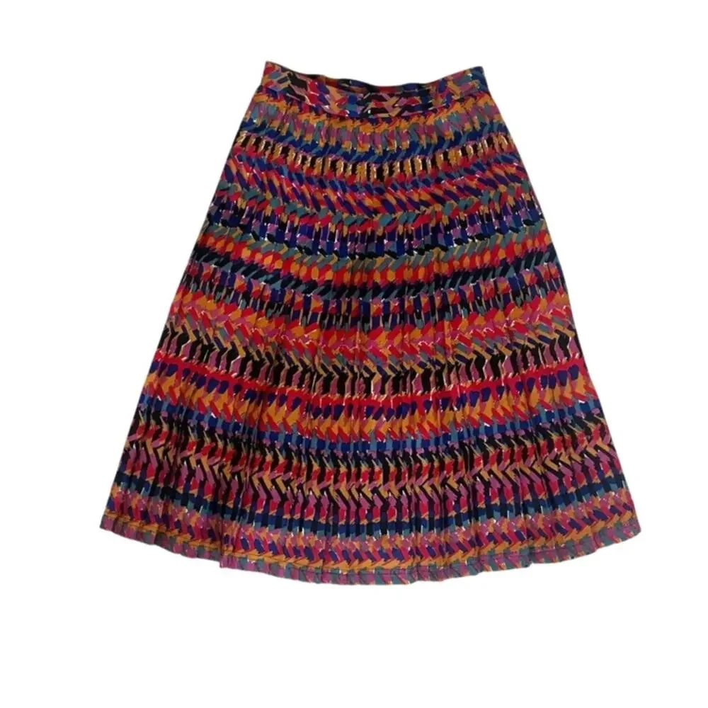 Vintage 80s Jaeger Multicolor Abstract Pleated Midi Skirt Great Britain size S